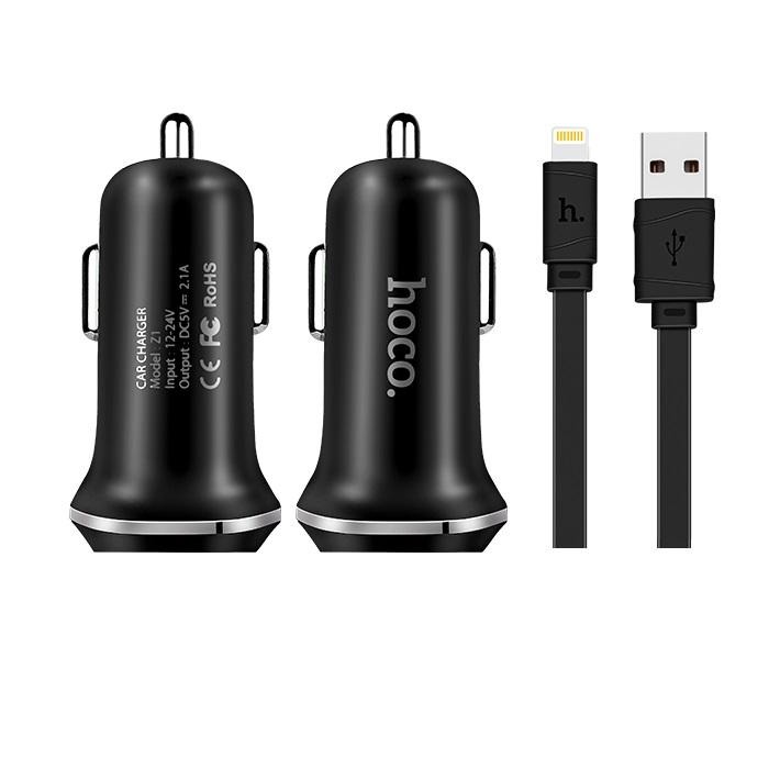 HOCO 2.1A 2x USB + USB kábel lightning (komplet autonabíjačka) Z1 - čierna