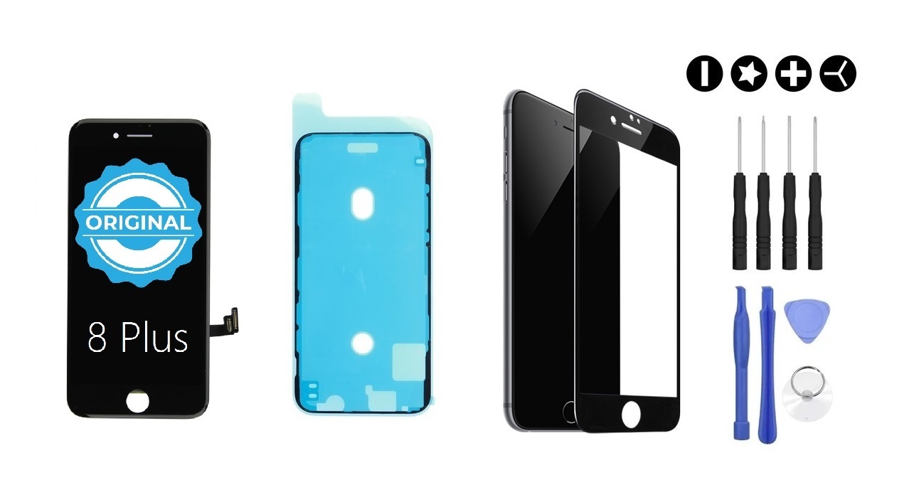 Apple MULTIPACK - ORIGINAL Čierny LCD displej pre iPhone 8 Plus + LCD adhesive (lepka pod displej) + 3D ochranné sklo + sada náradia