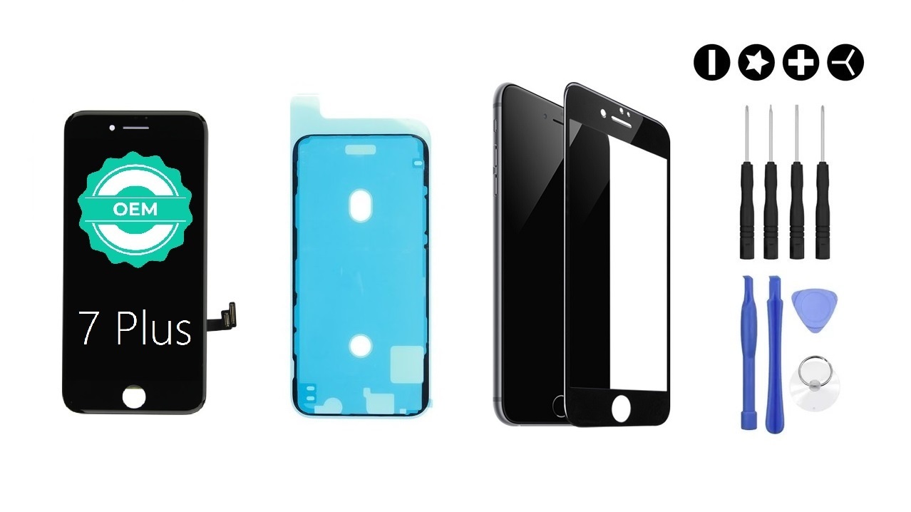 MULTIPACK - Čierny LCD displej pre iPhone 7 Plus + LCD adhesive (lepka pod displej) + 3D ochranné sklo + sada náradia