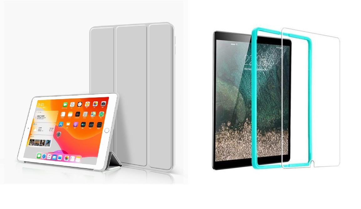 TriFold Smart Case - kryt so stojančekom pre iPad 9.7 2017/2018/iPad 5/Air/iPad 6/Air 2 - šedý + Ochranné tvrdené sklo s inštalačným rámikom