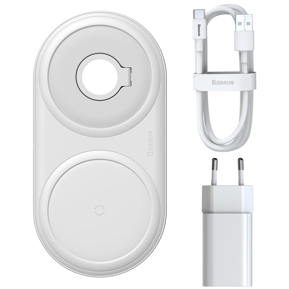 Baseus Planet 2in1 10W bezdrôtová nabíjačka pre telefony / AirPods / Apple Watch + síťová nabíječka + USB Type C kabel (WXPL-B02) white