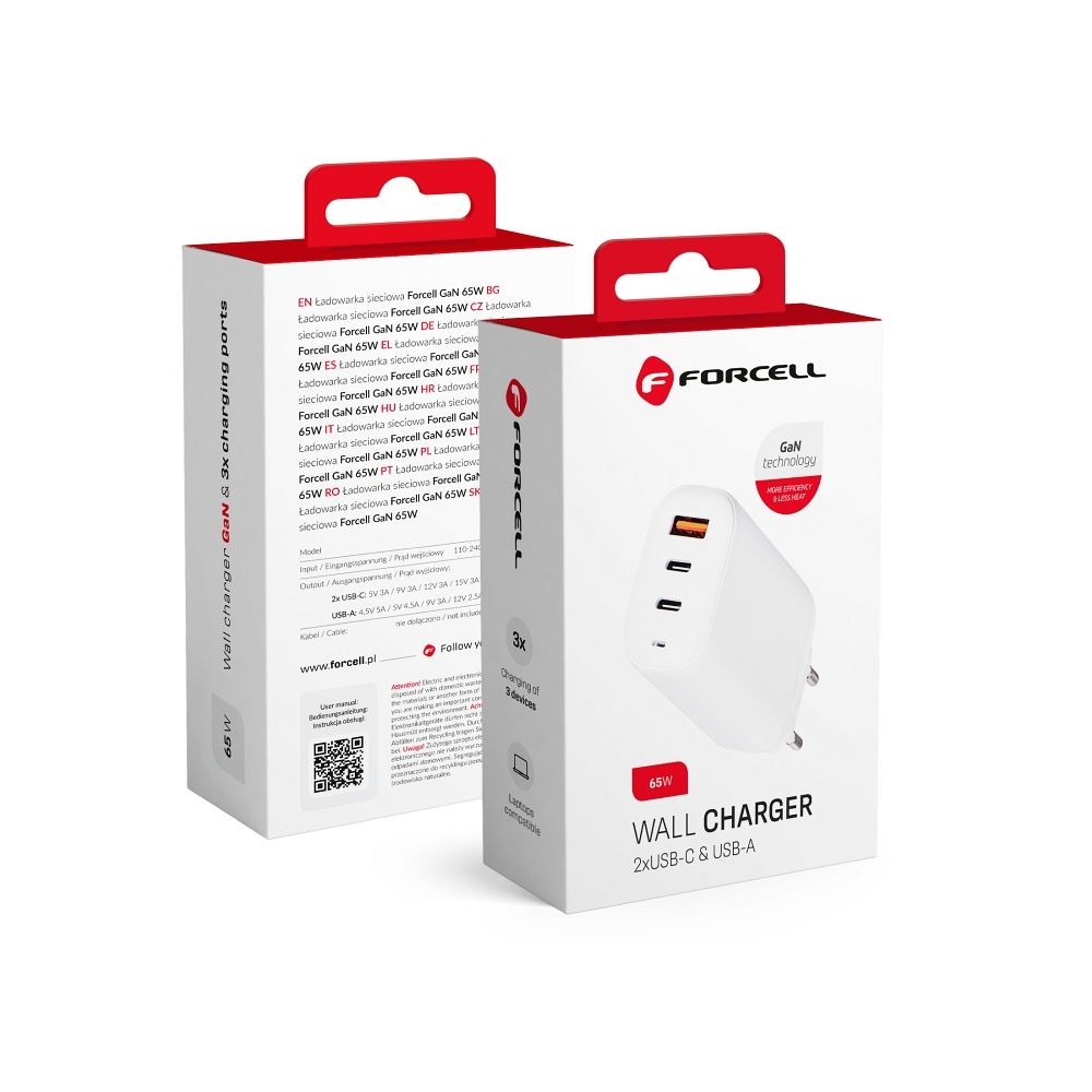 Travel Charger Forcell GaN 65W with 2x USB type C socket, 1x USB A - 3A with PD and Quick Charge 4.0 function