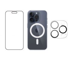 3PACK - Hydrogel s výrezom pre prednú kameru + Crystal Air kryt s MagSafe + ochranné sklíčko kamery pre iPhone 15 Pro 