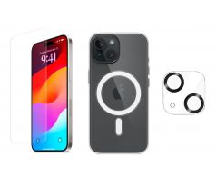3PACK - Ochranné sklo + Crystal Air kryt s MagSafe + ochranné sklíčko kamery pre iPhone 15